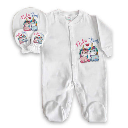 Baby Girl's Unicorn Print White Romper Set