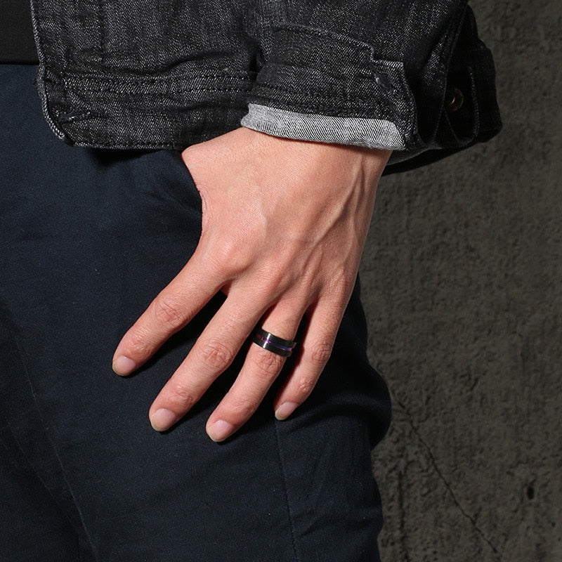 MM Black Titanium Ring For Men  Wedding Bands Trendy  Groove Rings Jewelry .Rainbow