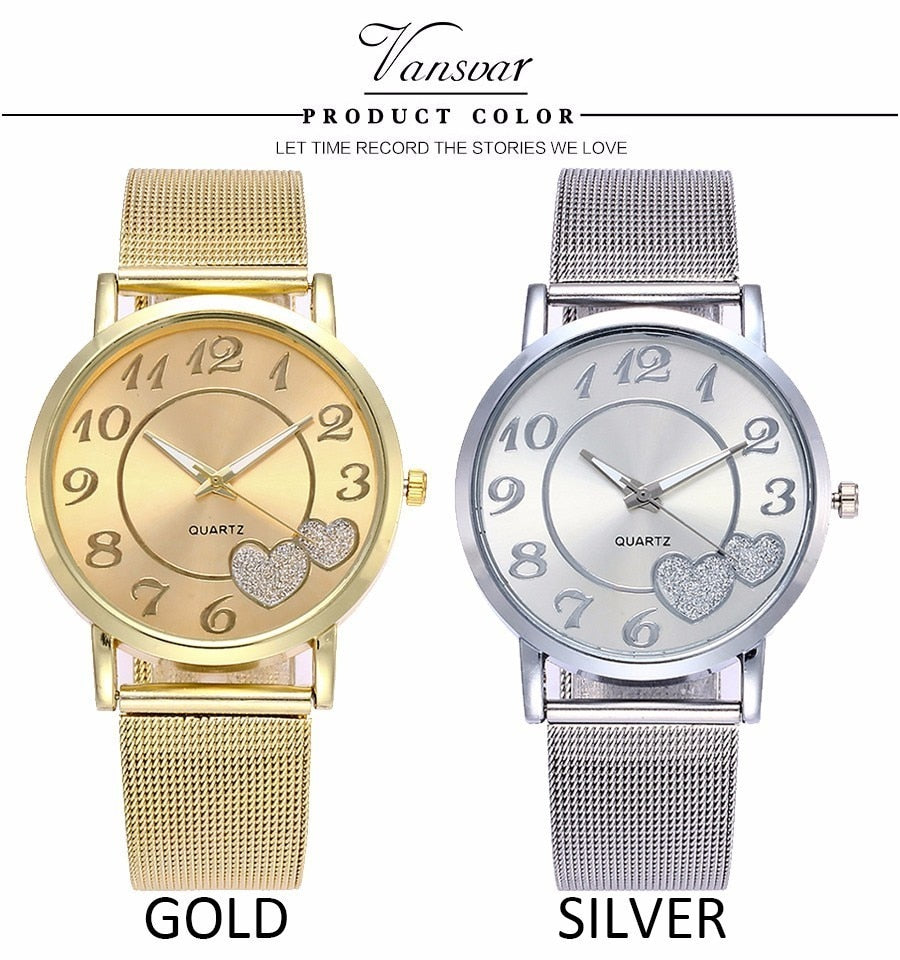 Dropshipping Women Silver & Gold Mesh Love Heart Dial Wristwatches Fashion Casual Women's Steel Quartz Watches Relogio Feminino