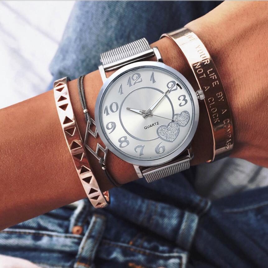 Dropshipping Women Silver & Gold Mesh Love Heart Dial Wristwatches Fashion Casual Women's Steel Quartz Watches Relogio Feminino
