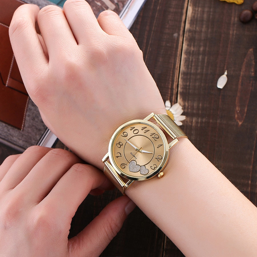 Dropshipping Women Silver & Gold Mesh Love Heart Dial Wristwatches Fashion Casual Women's Steel Quartz Watches Relogio Feminino
