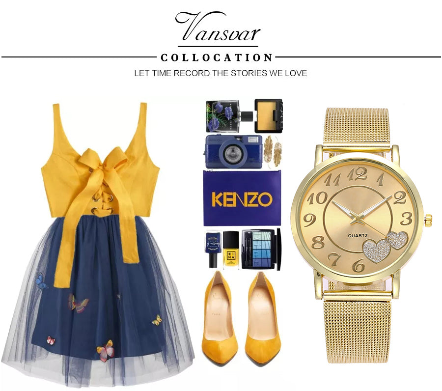 Dropshipping Women Silver & Gold Mesh Love Heart Dial Wristwatches Fashion Casual Women's Steel Quartz Watches Relogio Feminino